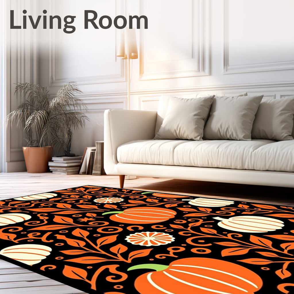 Orange Black Autumn Pumpkin Vines Rug