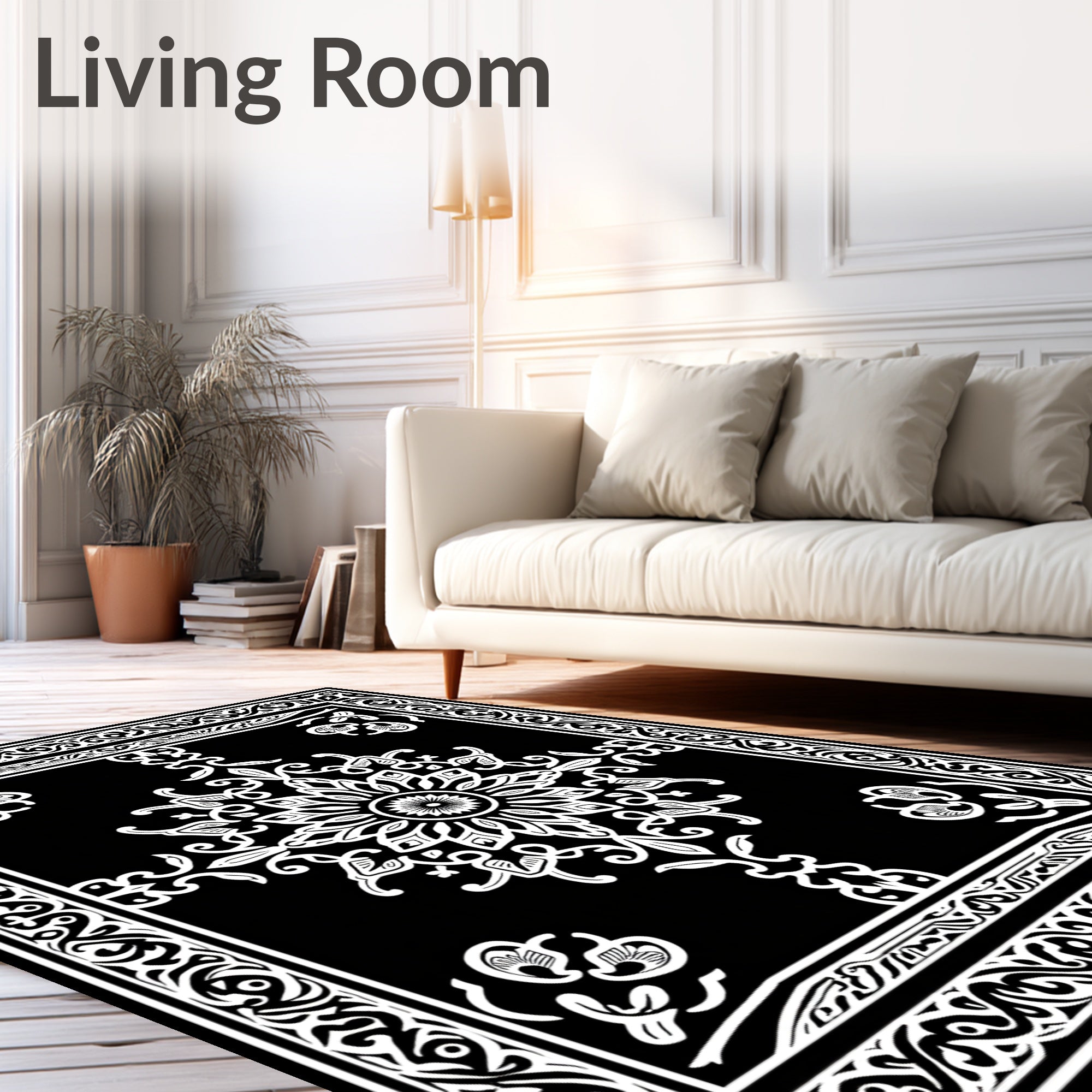 Ornate Black White Floral Mandala Rug