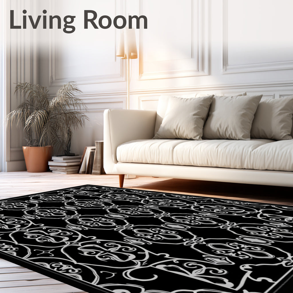 Ornate Black Gray Floral Pattern Rug