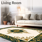 Ornate Gold Teal Floral Border Design Rug