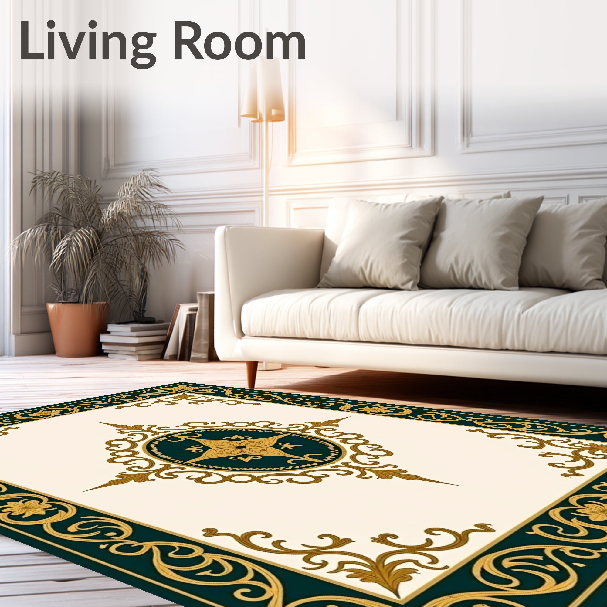 Ornate Gold Teal Floral Border Design Rug