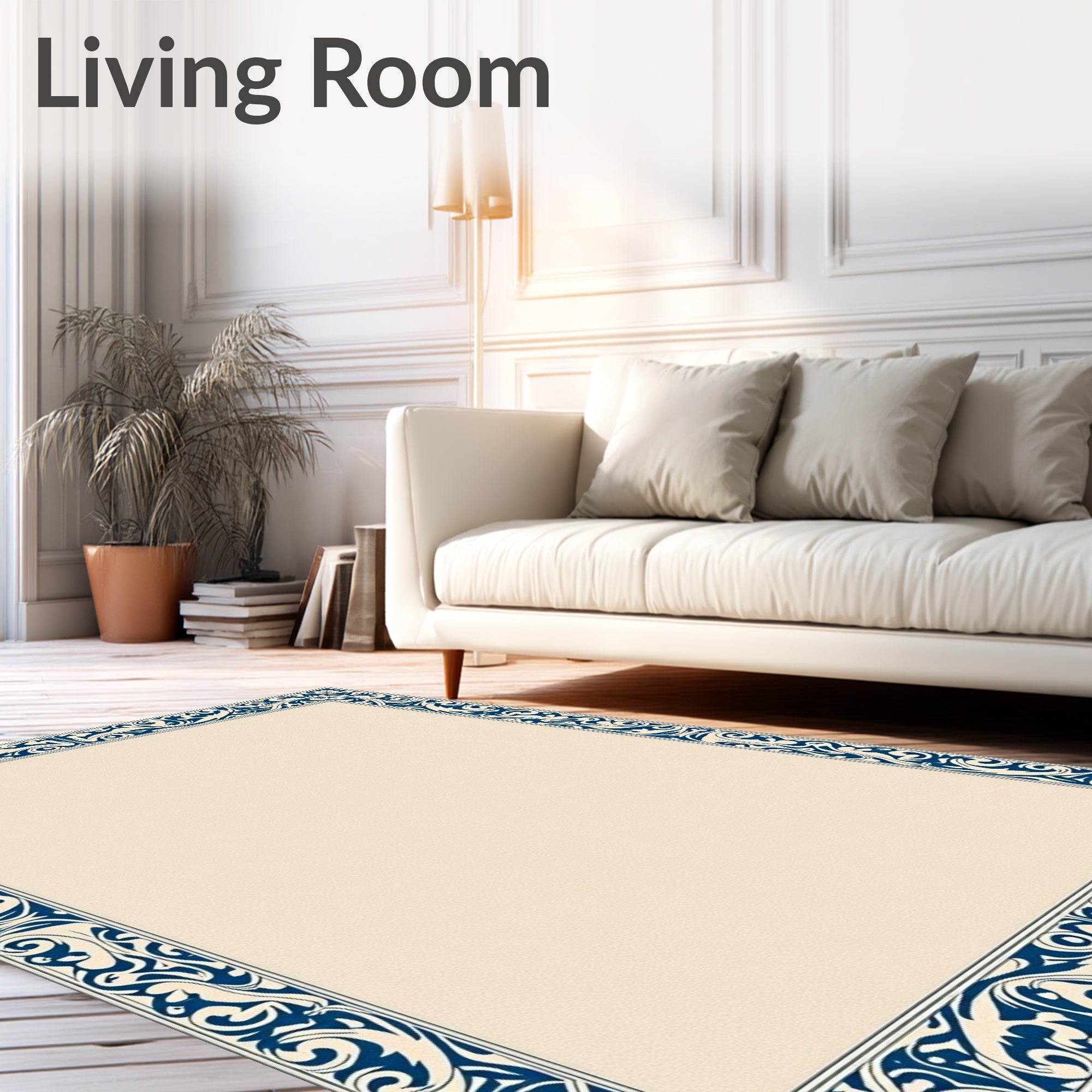 Classic Blue Beige Floral Border Rug