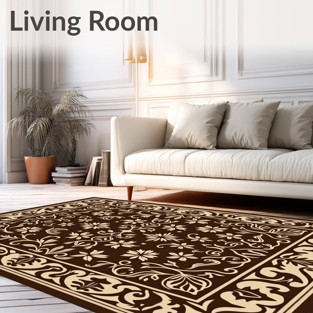 Ornate Floral Garden Cream Brown Rug