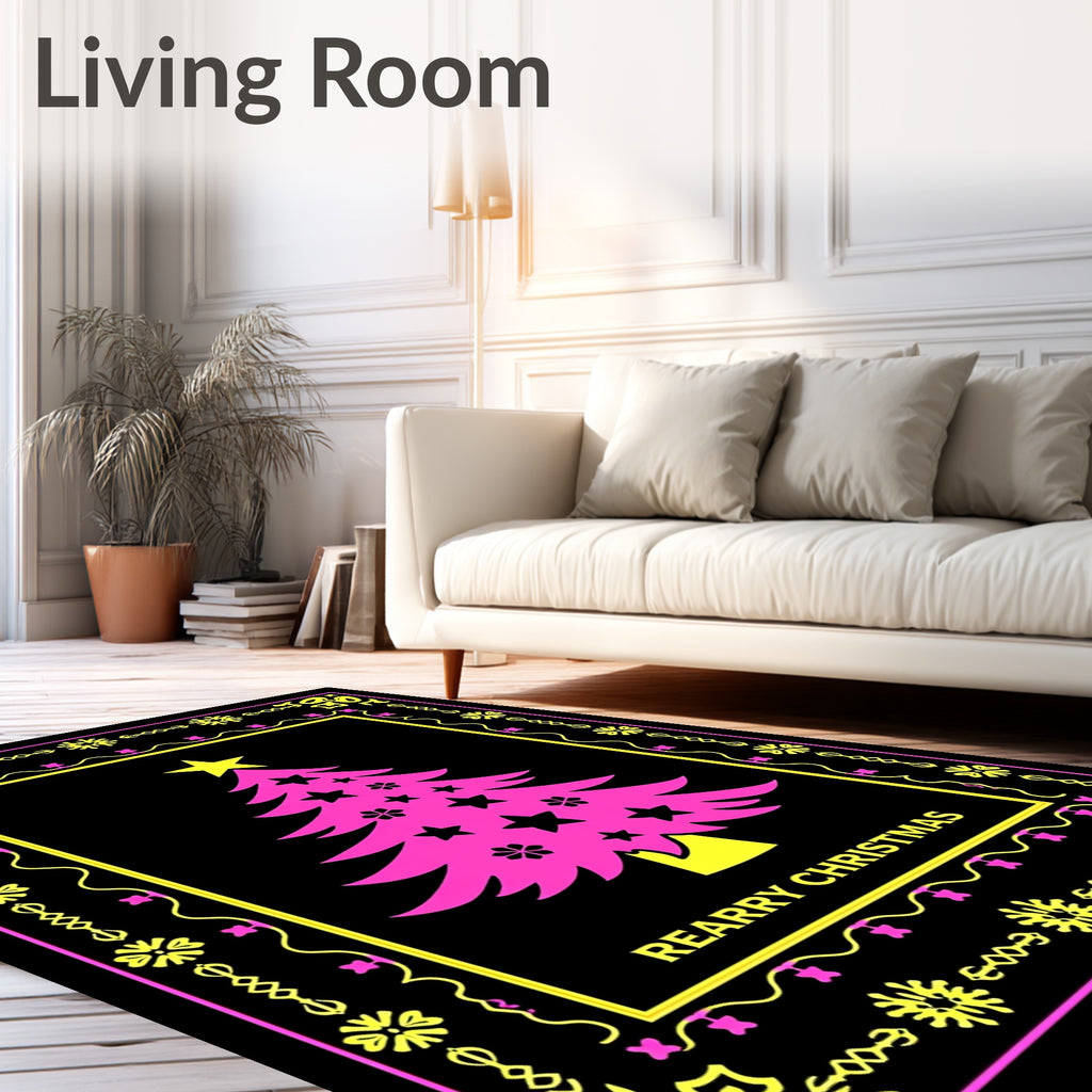 Pink Christmas Tree Geometric Border Rug