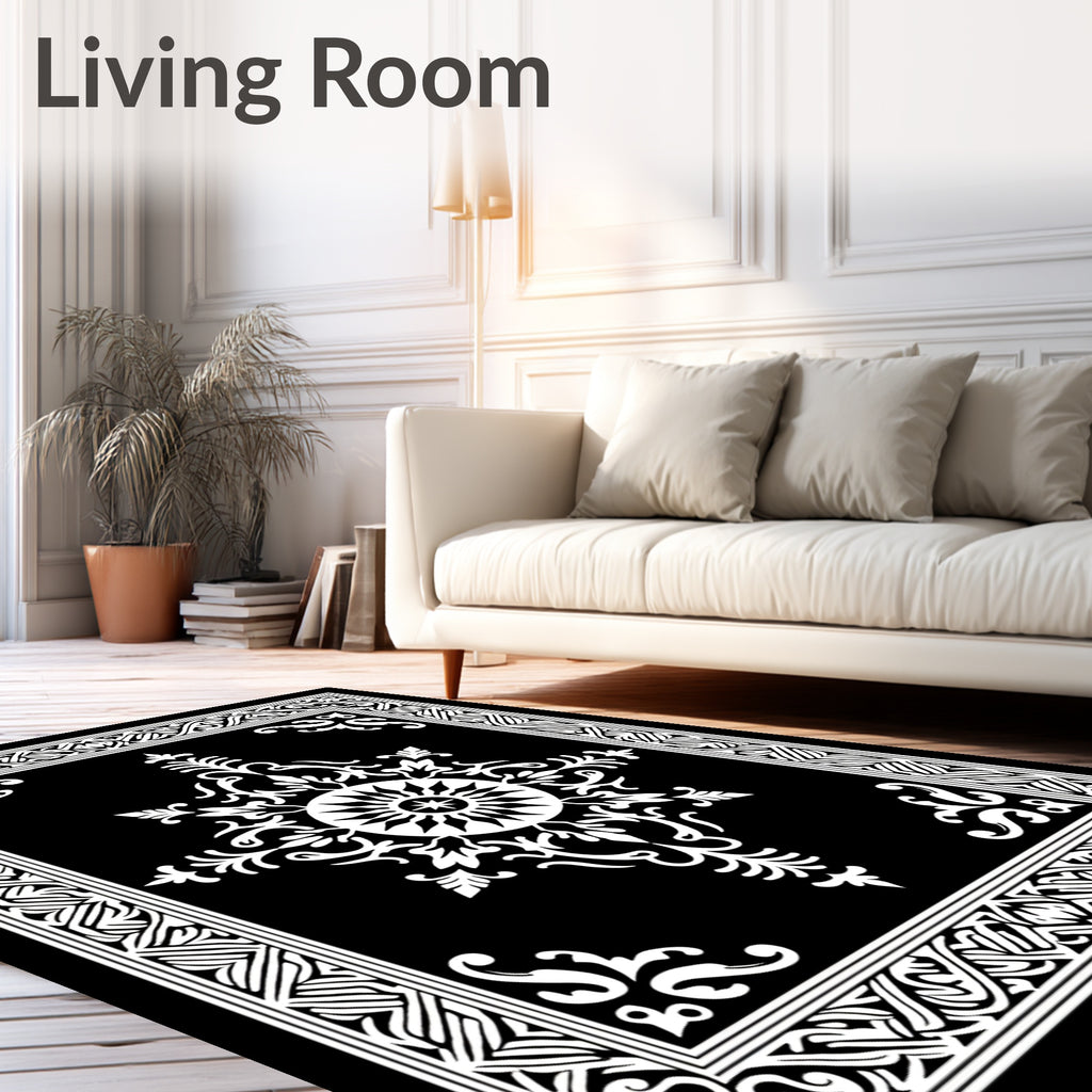 Ornate Black White Circular Pattern Rug