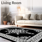 Ornate Black White Circular Pattern Rug