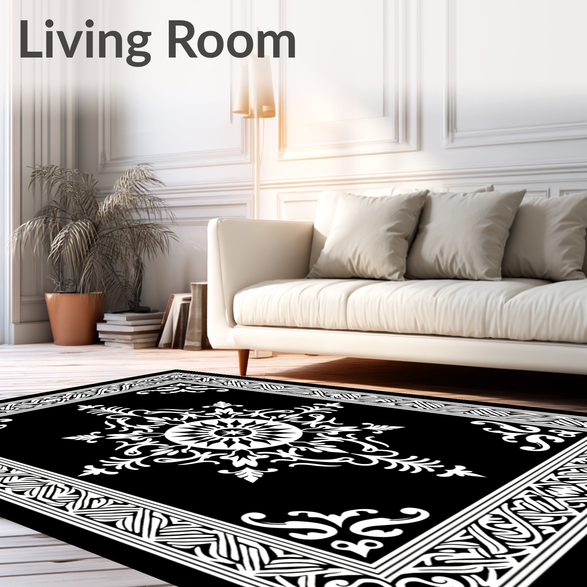 Ornate Black White Circular Pattern Rug