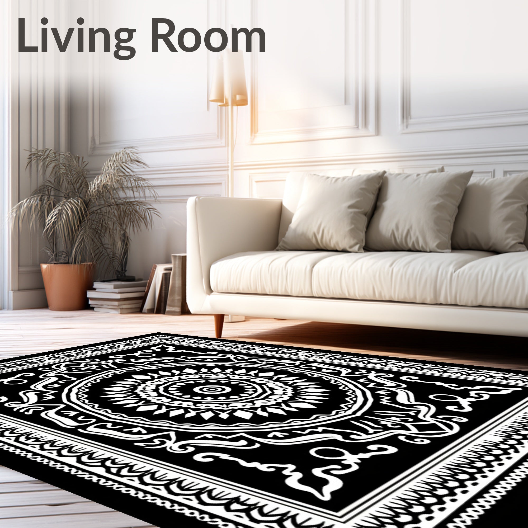 Bold Black White Mandala Pattern Rug