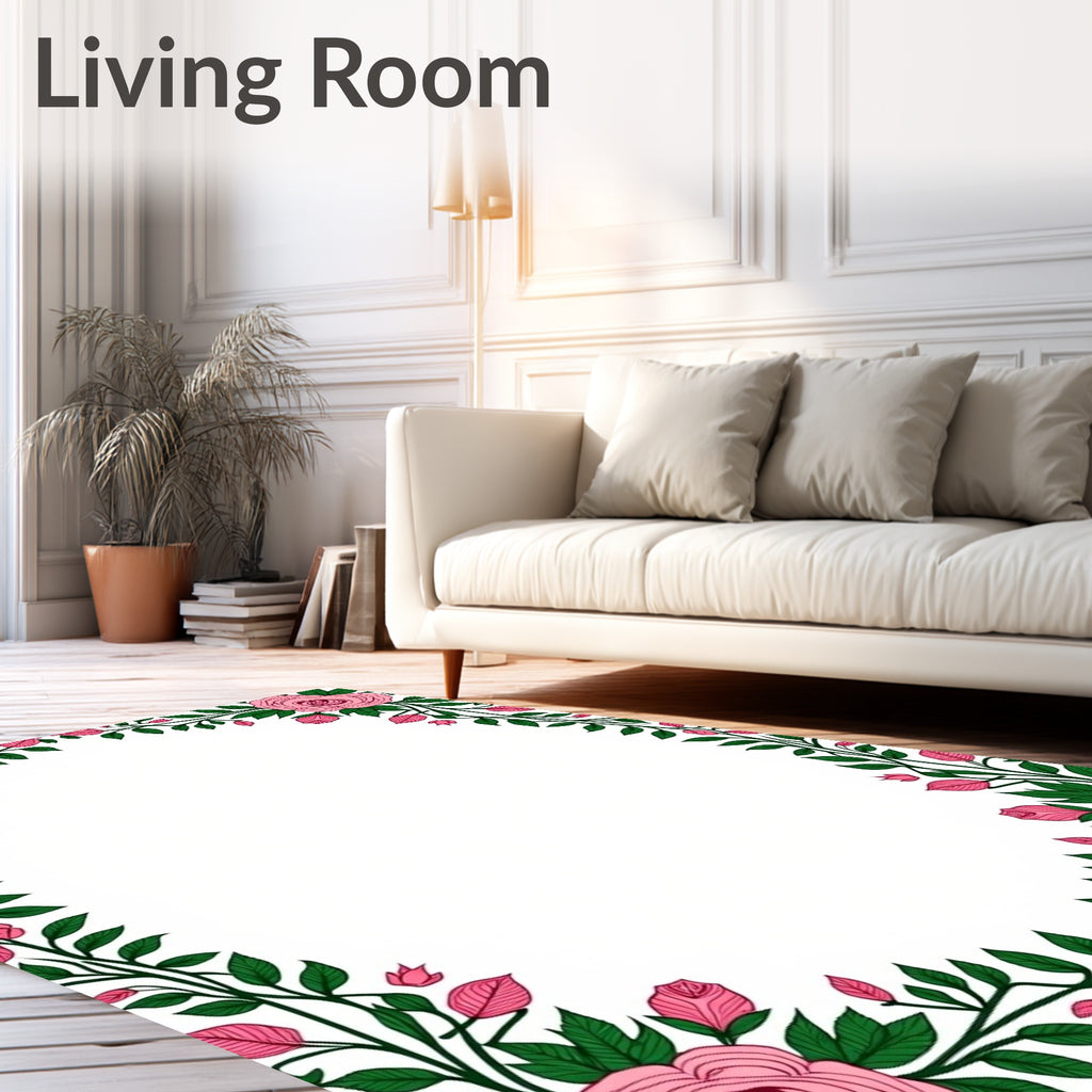 Pink Rose Vine Floral Border Rug