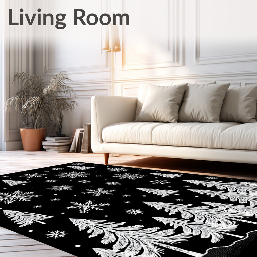 White Snowflakes and Pine Trees Rug