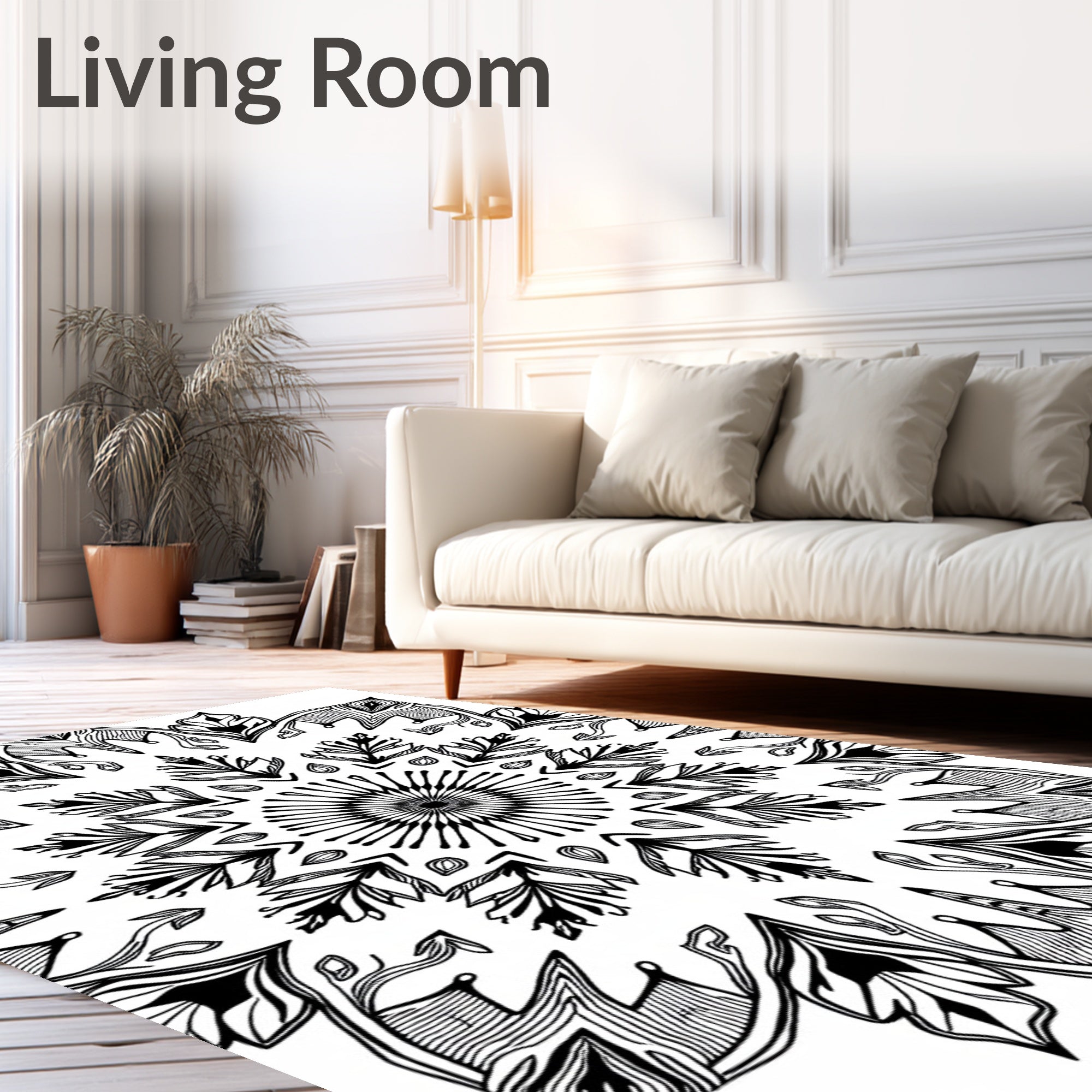 Black White Floral Mandala Design Rug