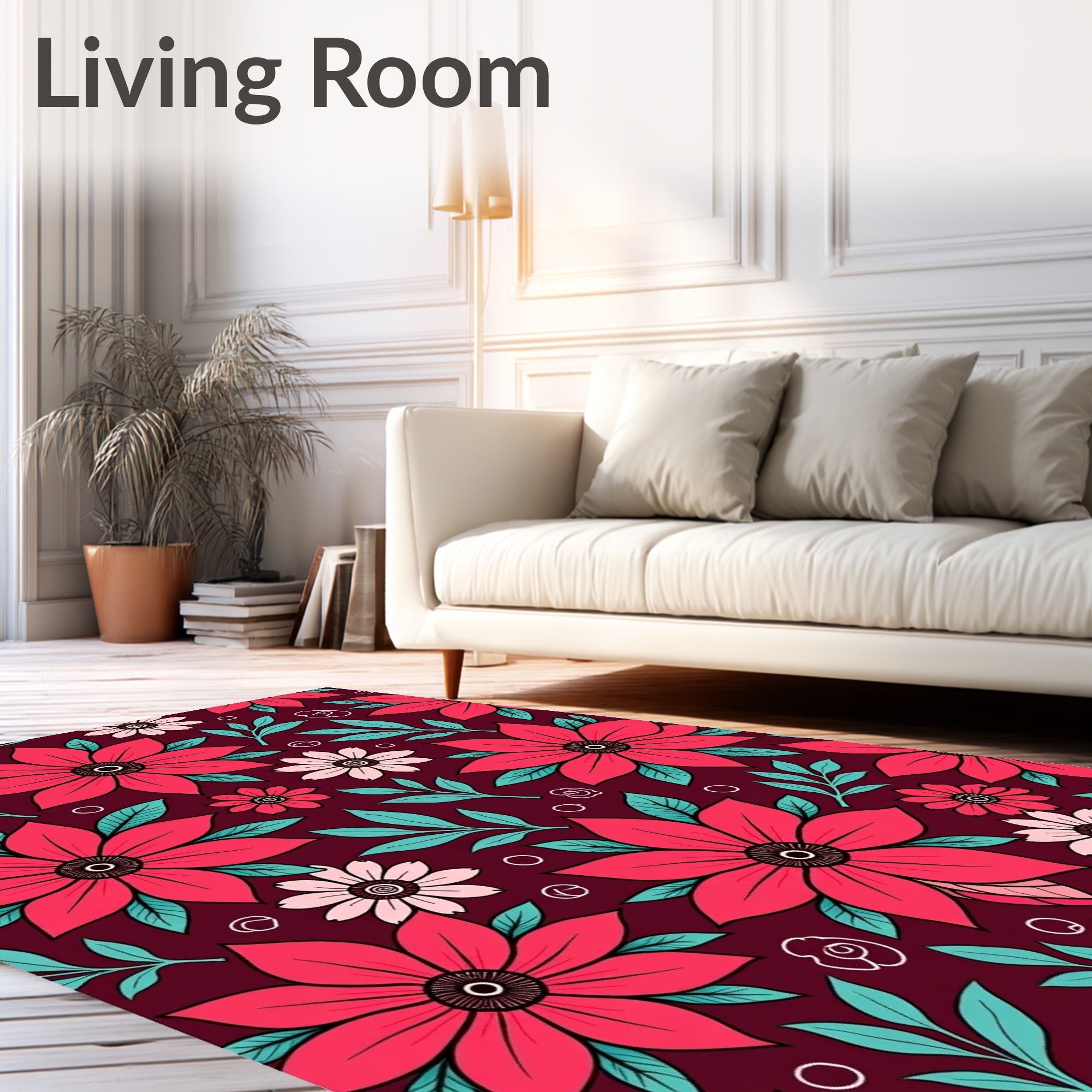 Crimson Pink Floral Foliage Arrangement Rug