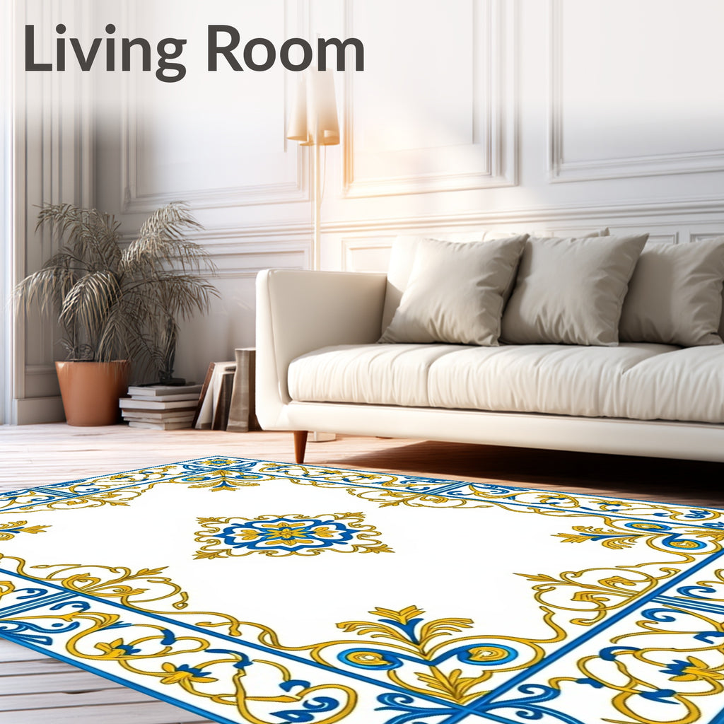 Royal Blue Yellow Floral Scroll Border Rug