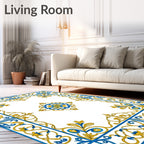 Royal Blue Yellow Floral Scroll Border Rug