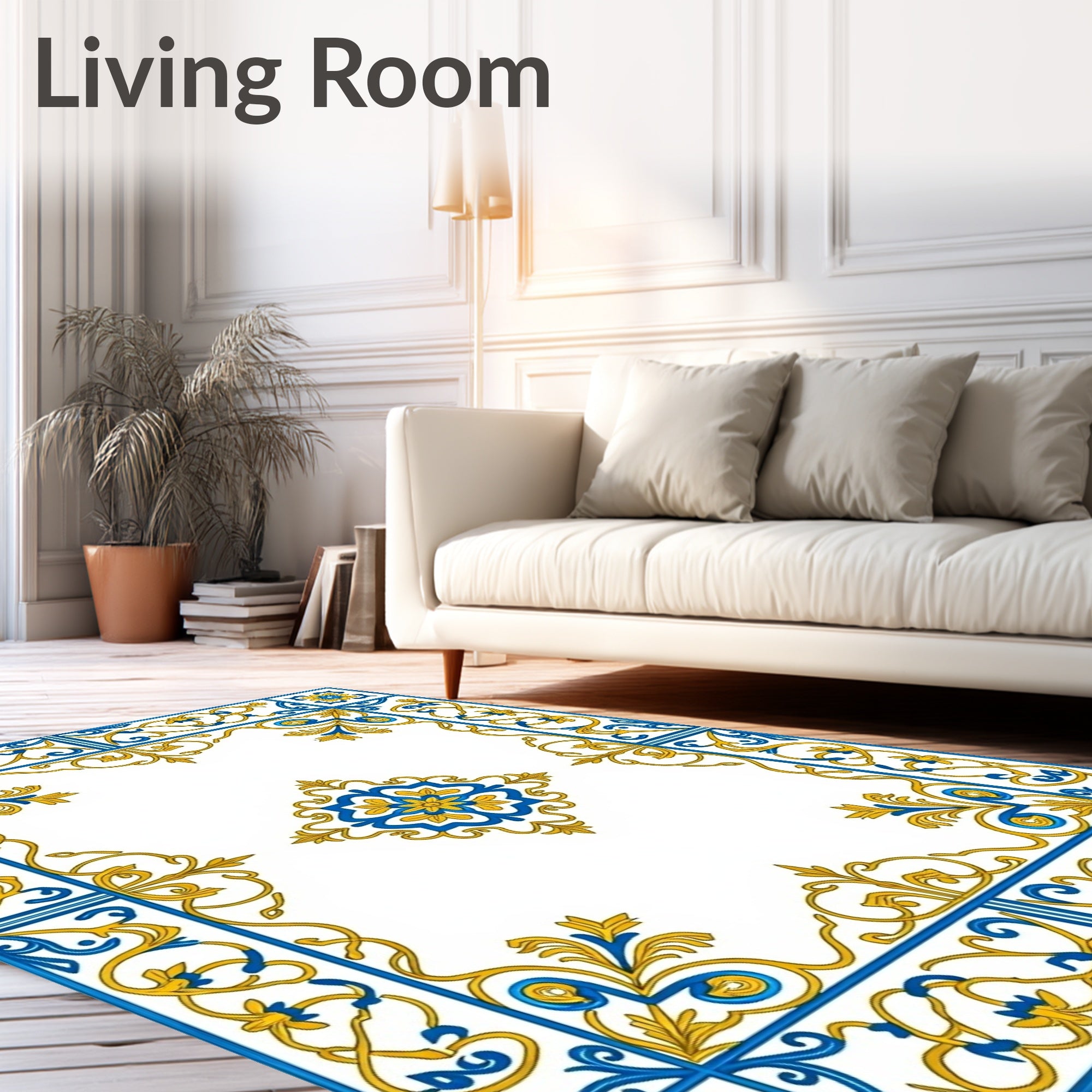 Royal Blue Yellow Floral Scroll Border Rug