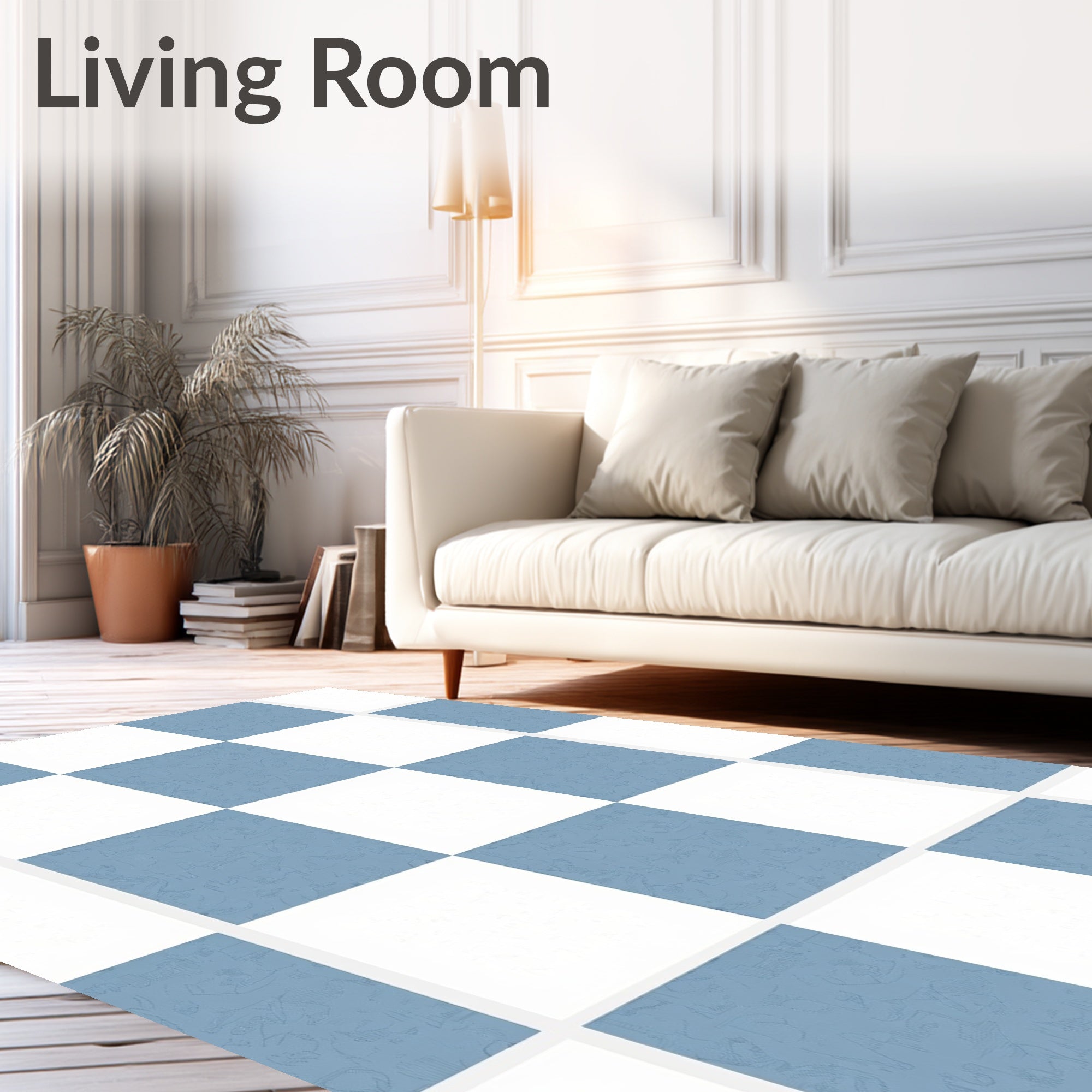 Checkerboard Blue White Figural Pattern Rug