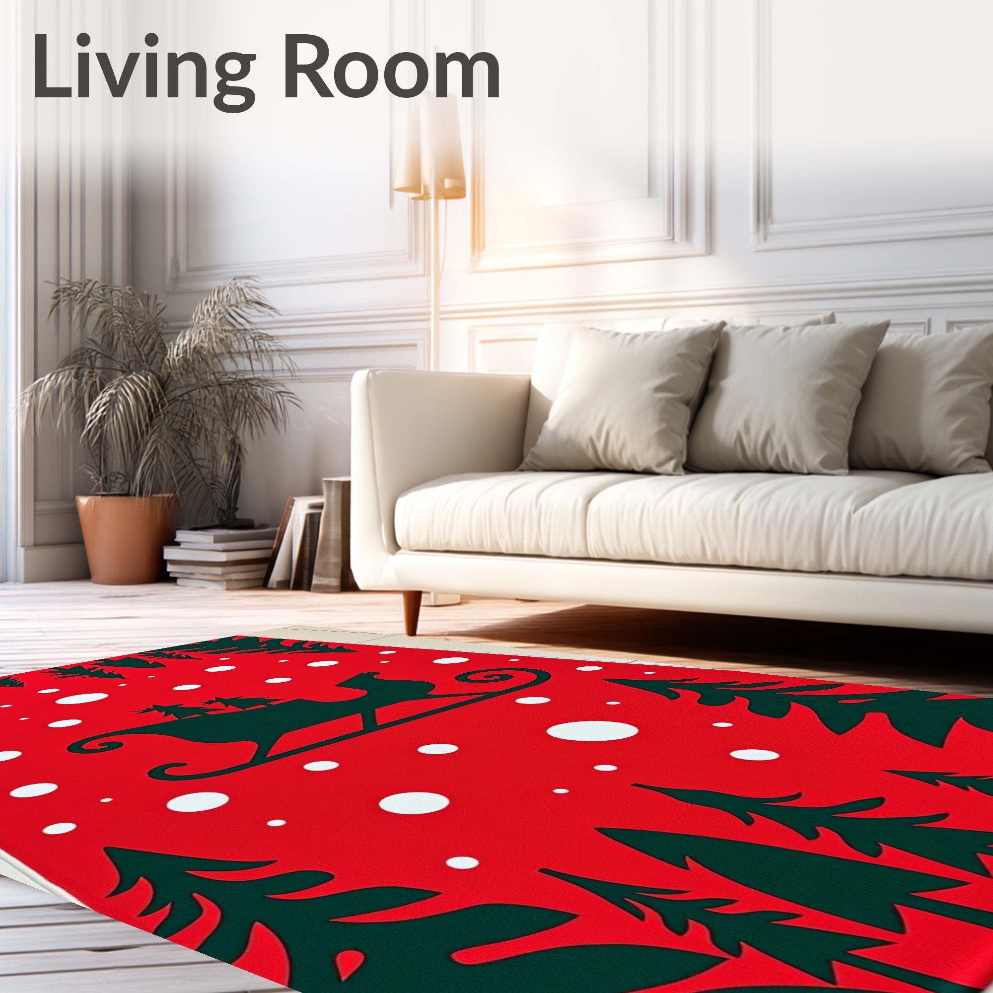 Red Sleigh Pine Trees Snowflakes Rug