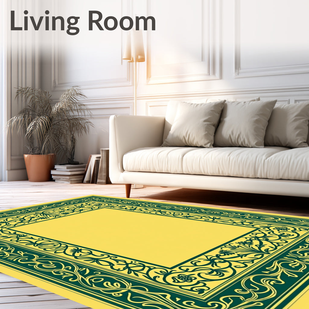 Ornate Green Floral Scroll Pattern Rug