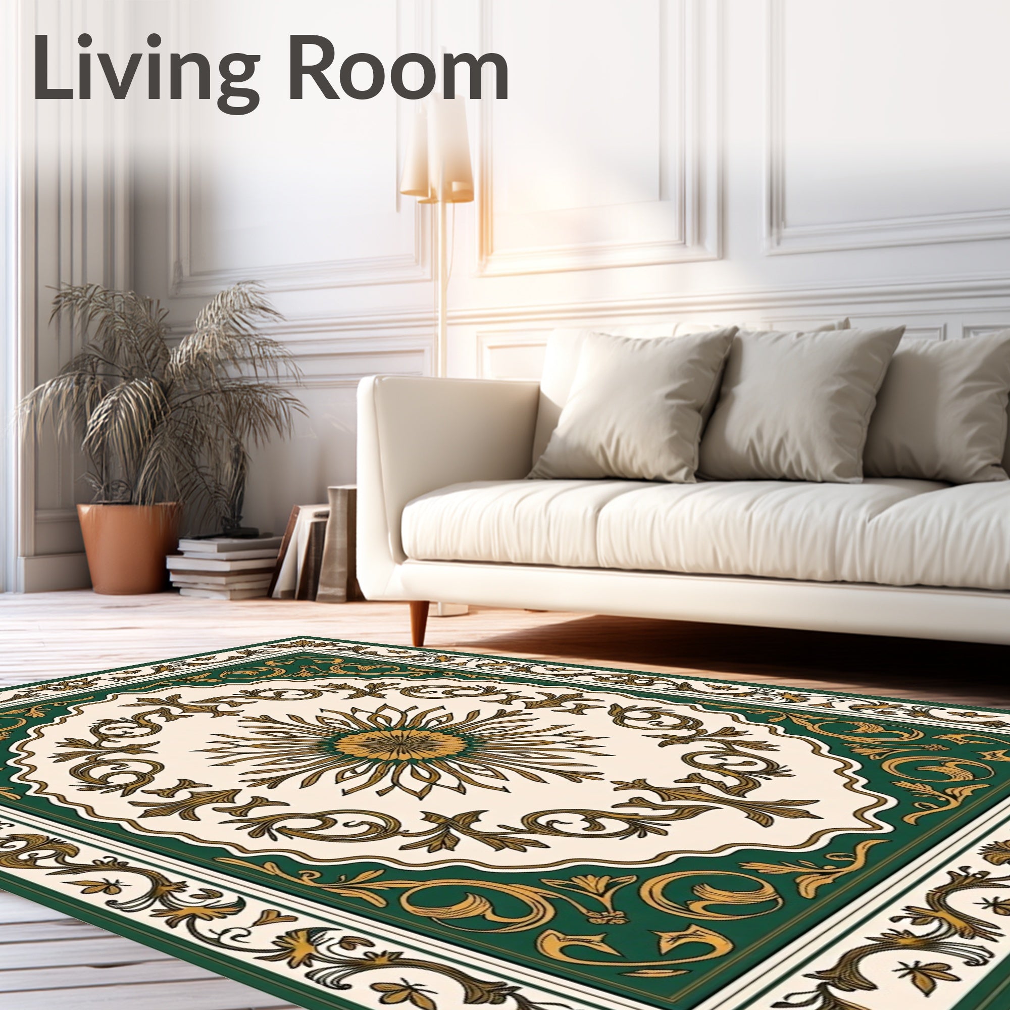 Ornate Green Gold Floral Pattern Rug