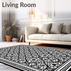 Ornate Black and White Floral Pattern Rug