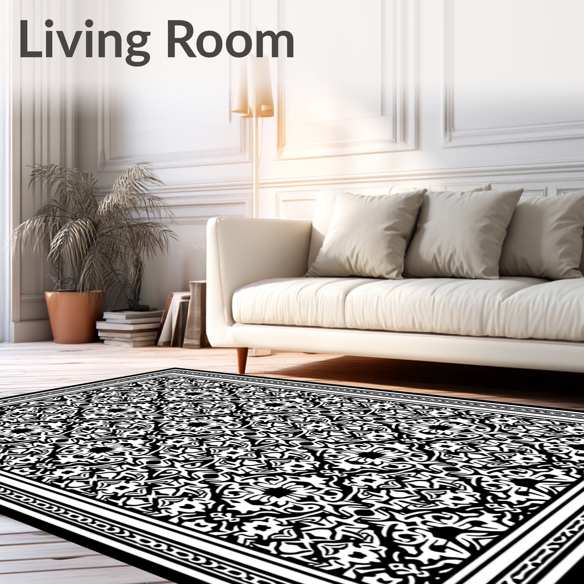Ornate Black and White Floral Pattern Rug