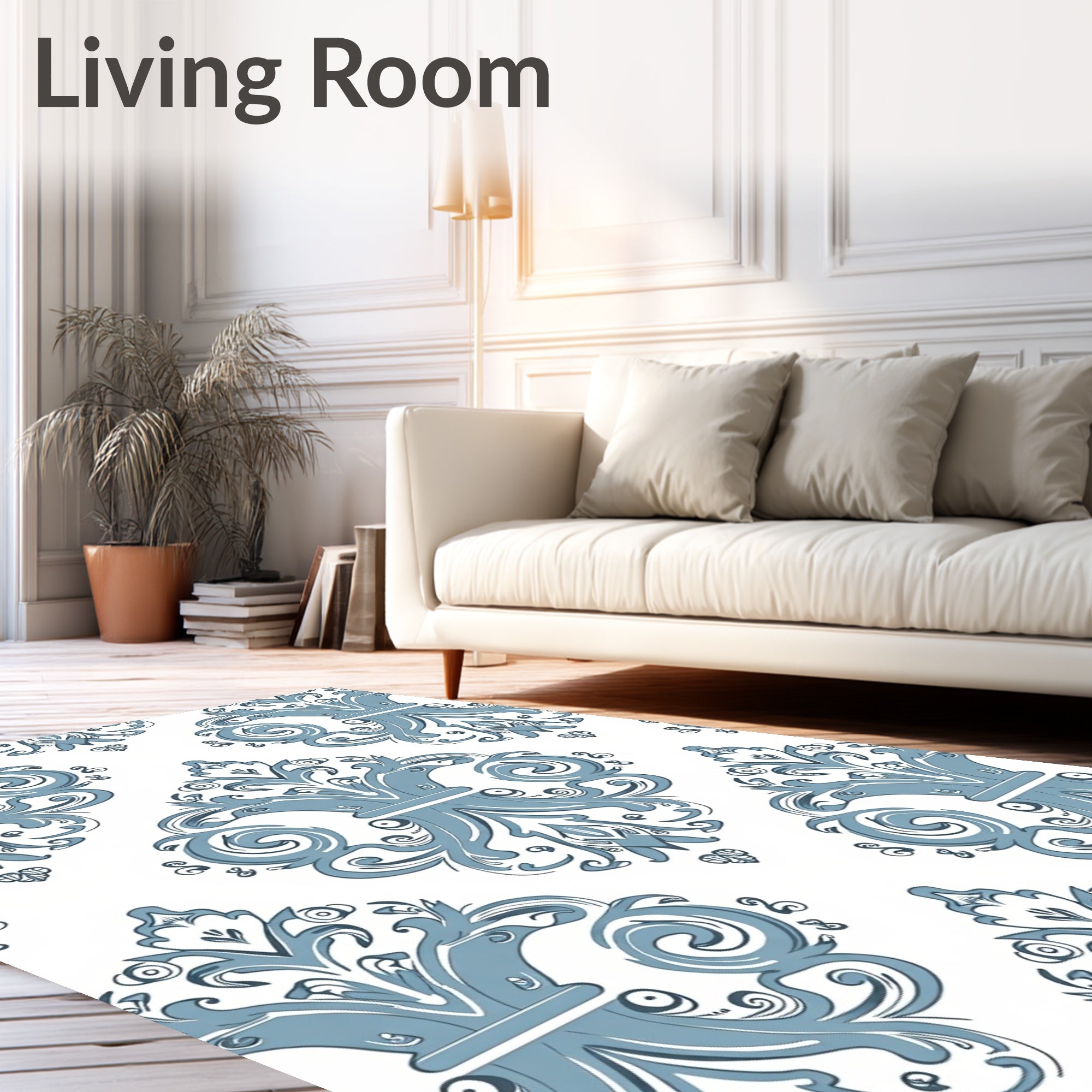 Blue Floral Scroll Damask Pattern Rug
