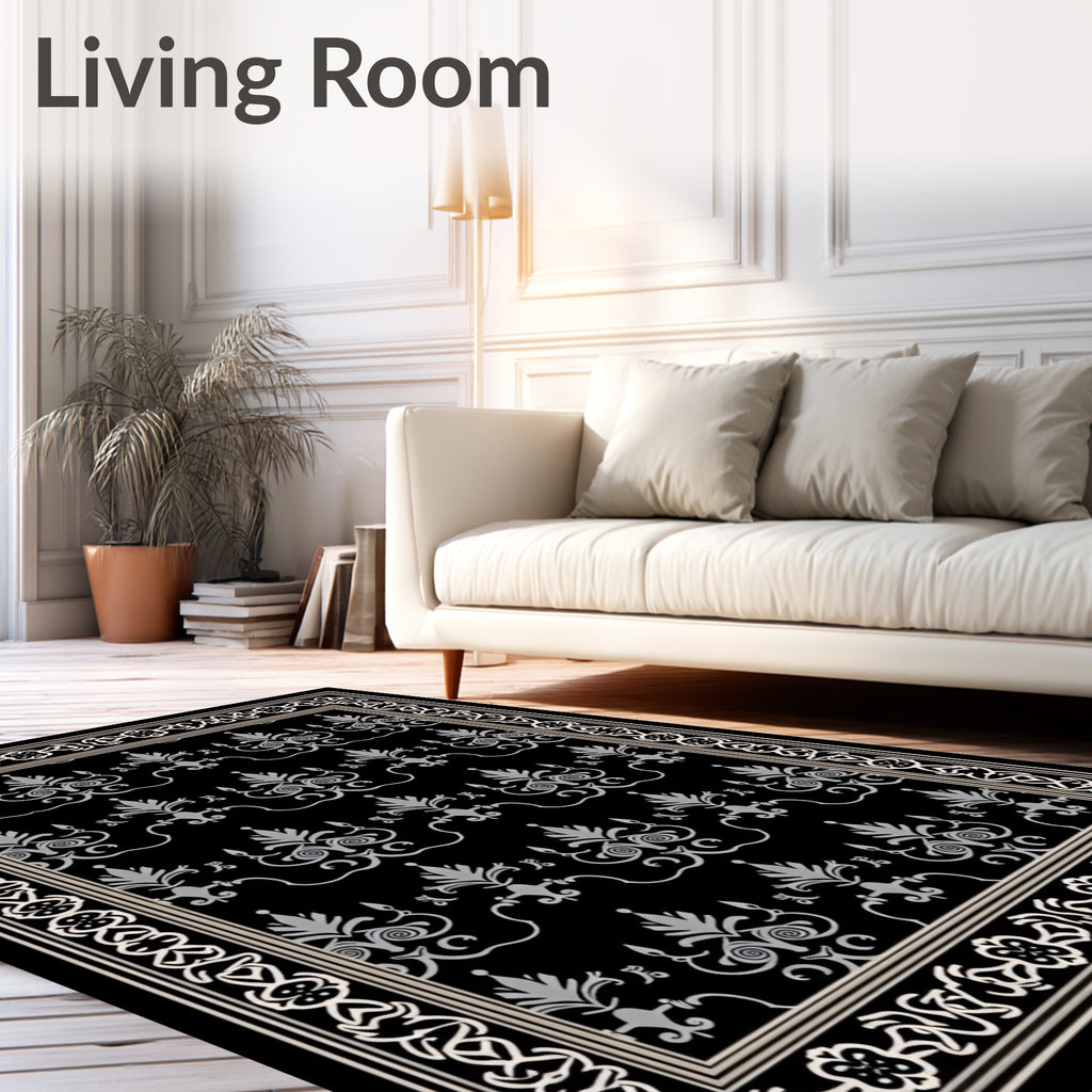 Ornate Silver Damask Pattern Design Rug