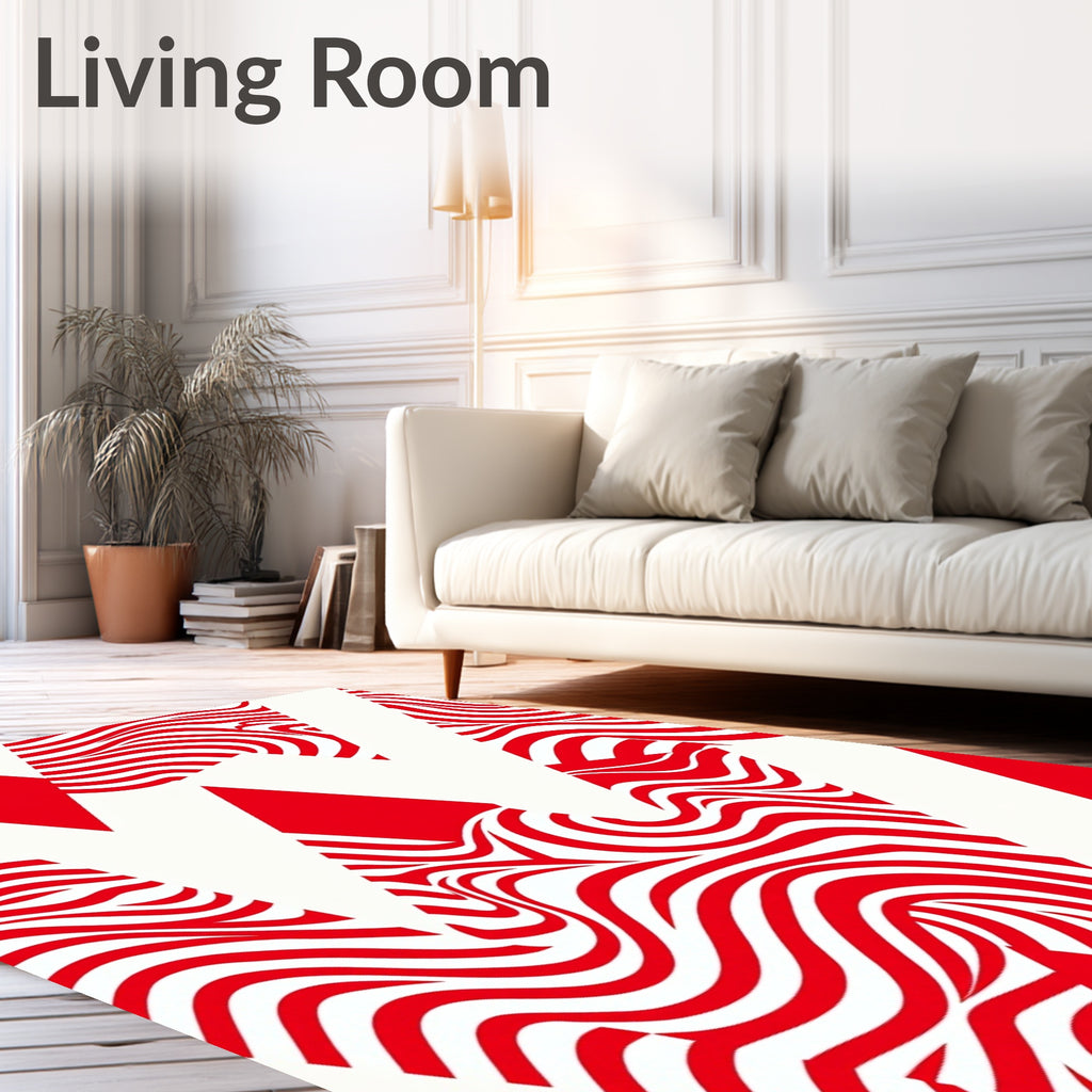 Abstract Red White Wavy Geometric Pattern Rug