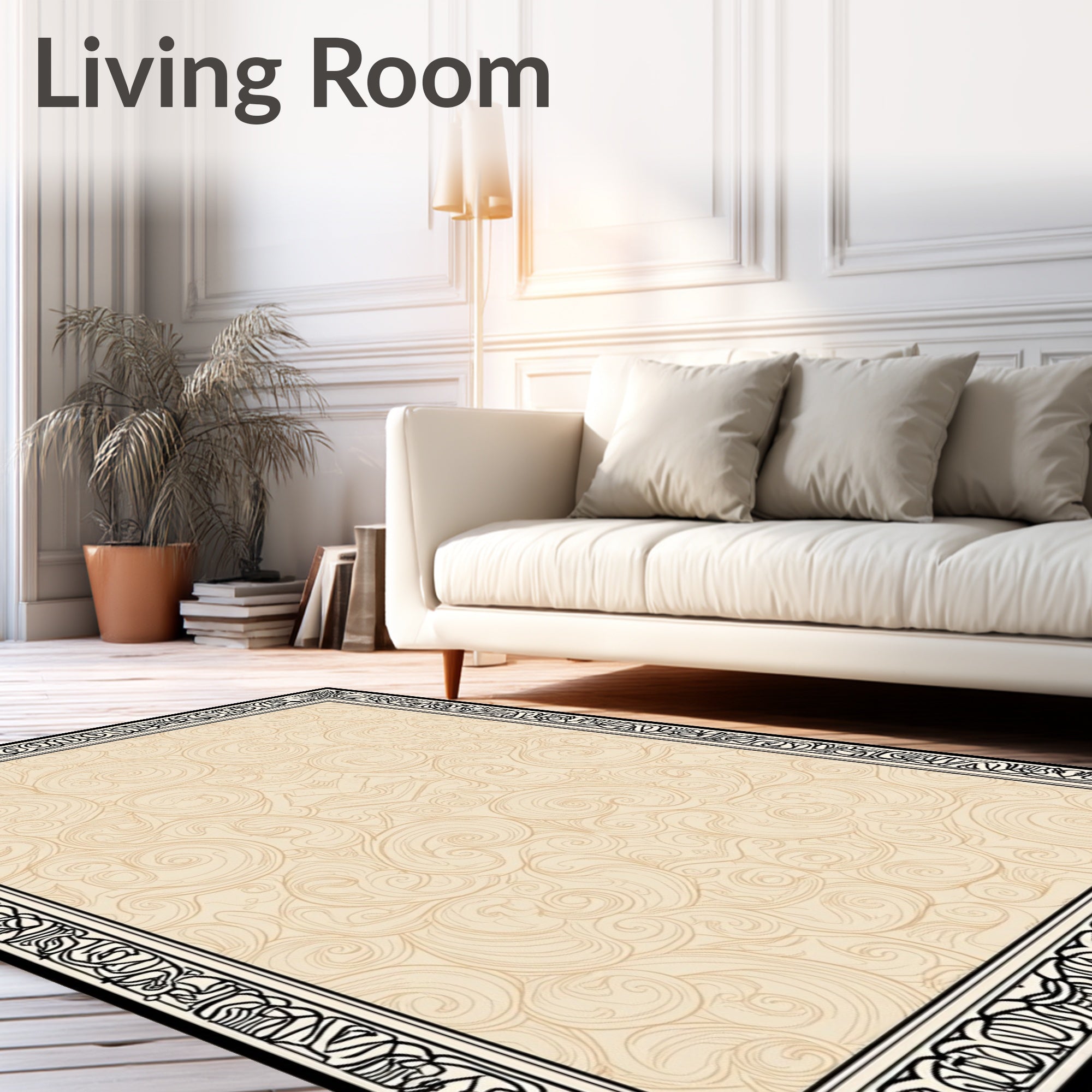 Classic Black Beige Swirl Border Design Rug