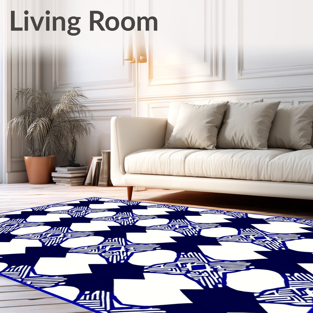 Blue White Interlocking Geometric Pattern Rug