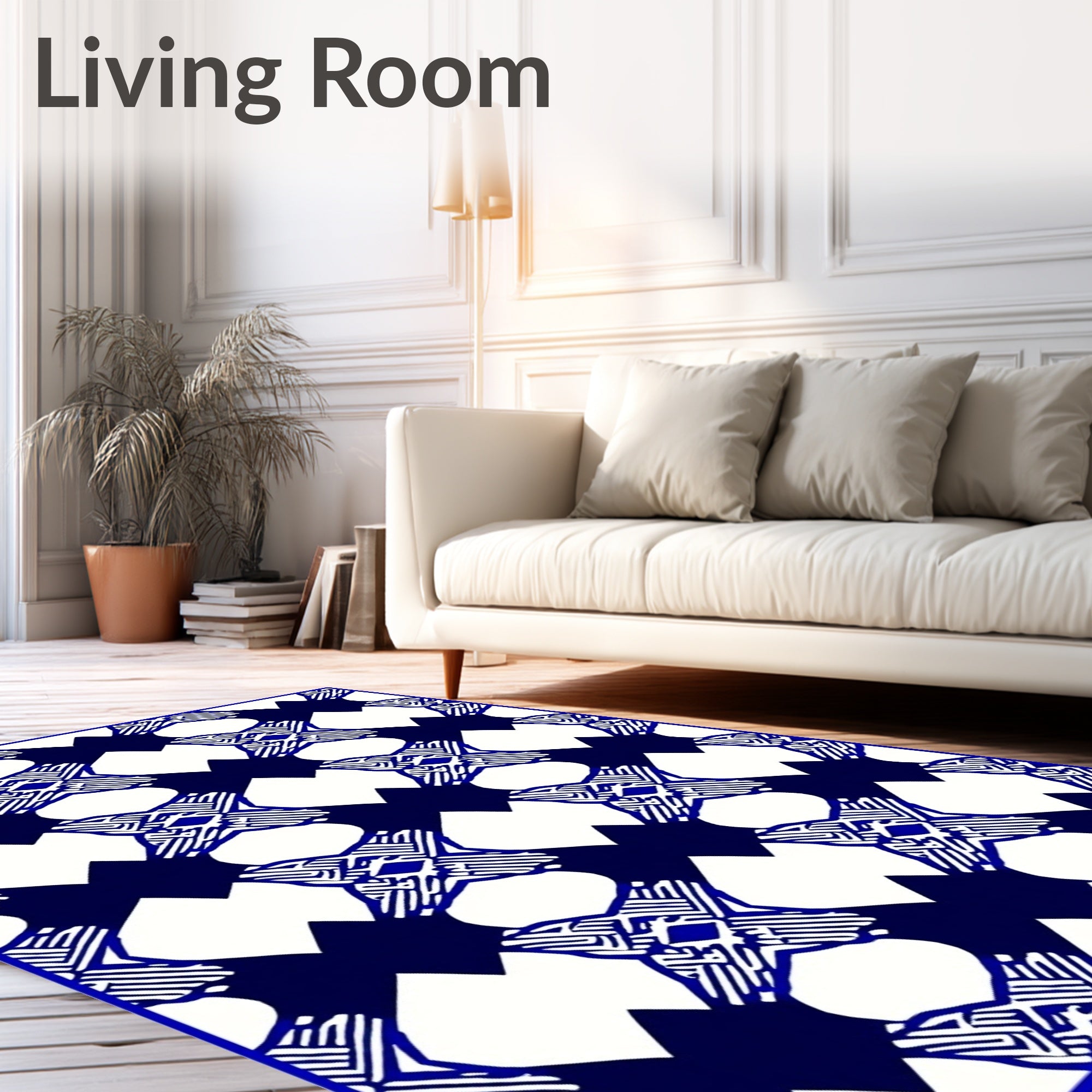 Blue White Interlocking Geometric Pattern Rug