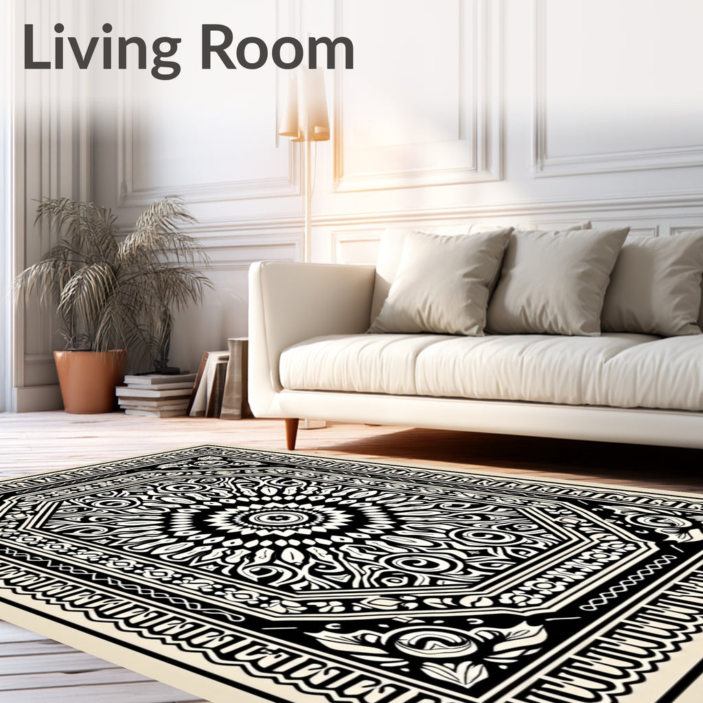 Intricate Black White Mandala Pattern Rug