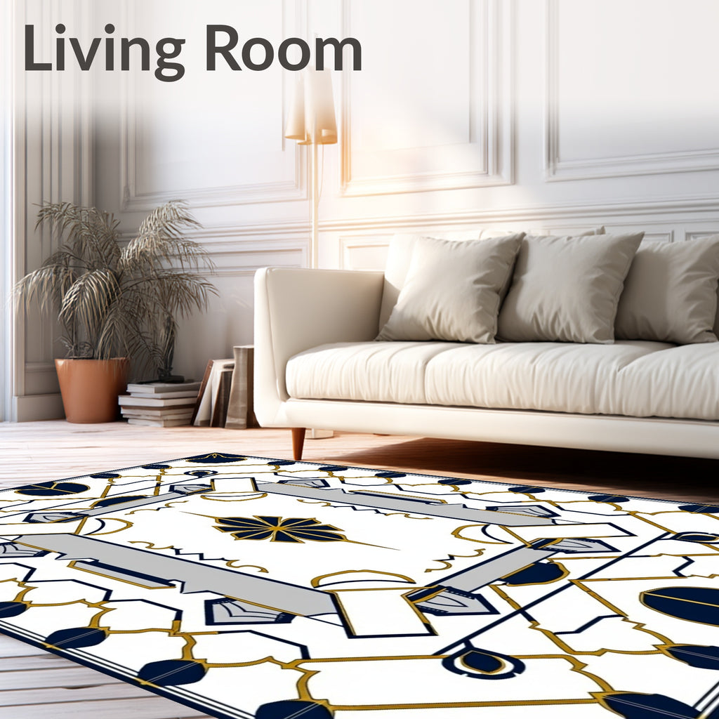 Geometric Symmetry Navy Gold Design Rug