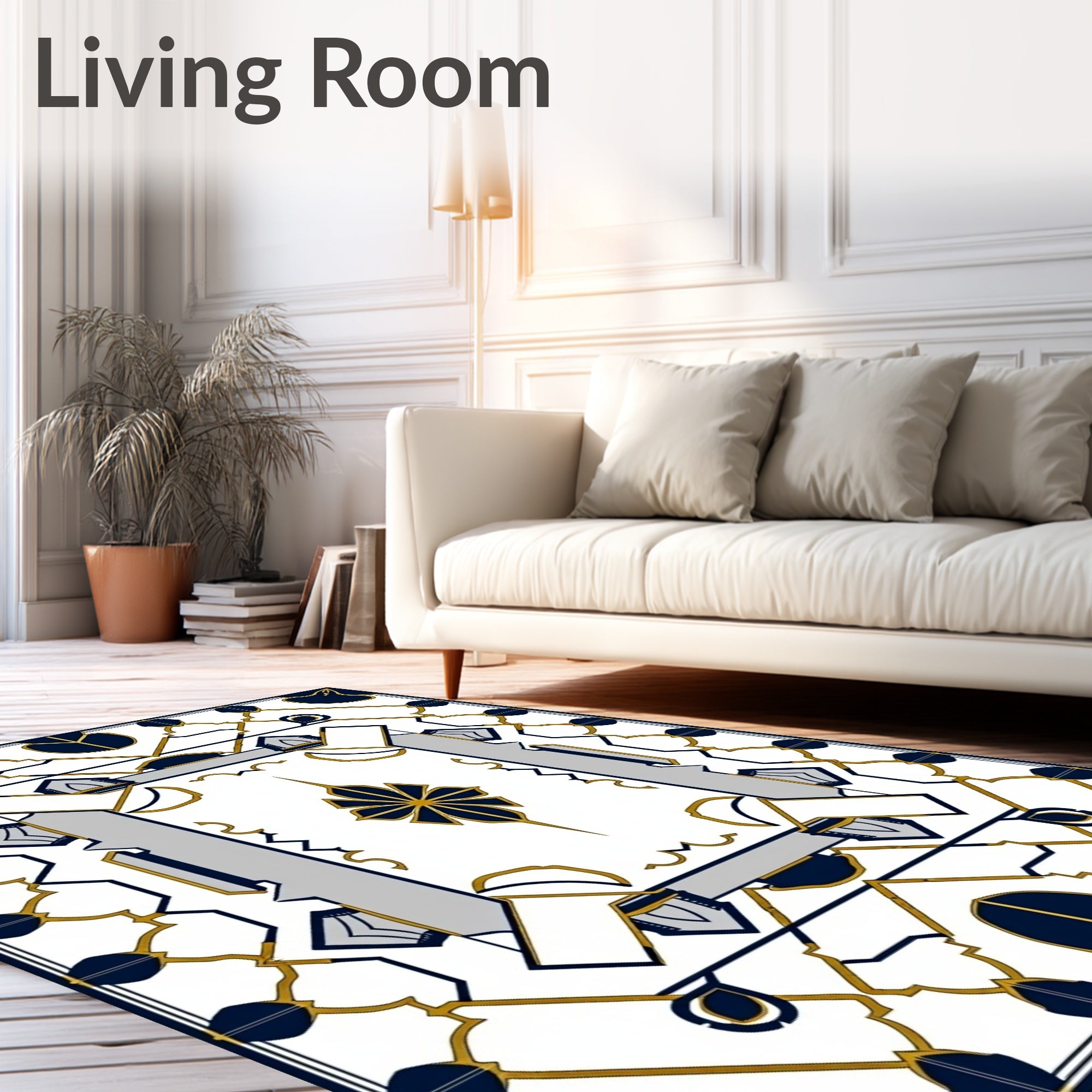 Geometric Symmetry Navy Gold Design Rug