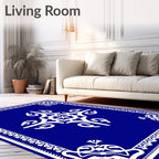 Ornate White Floral Motif Blue Rug