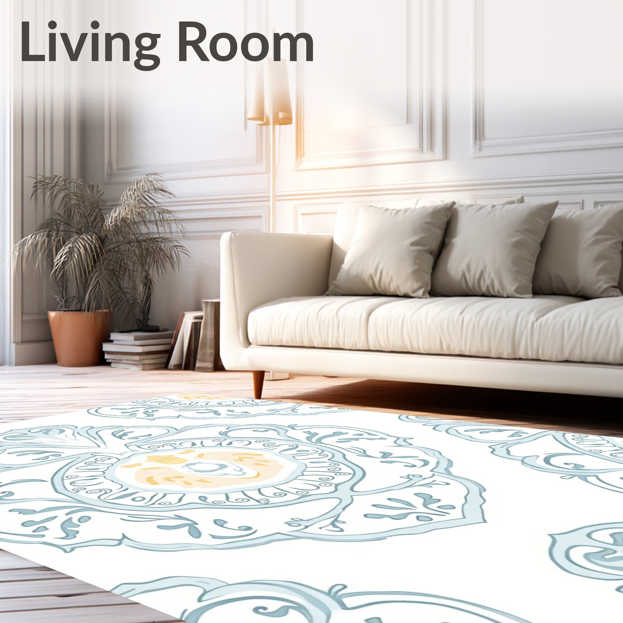 Light Blue Ochre Damask Pattern Runner Rug