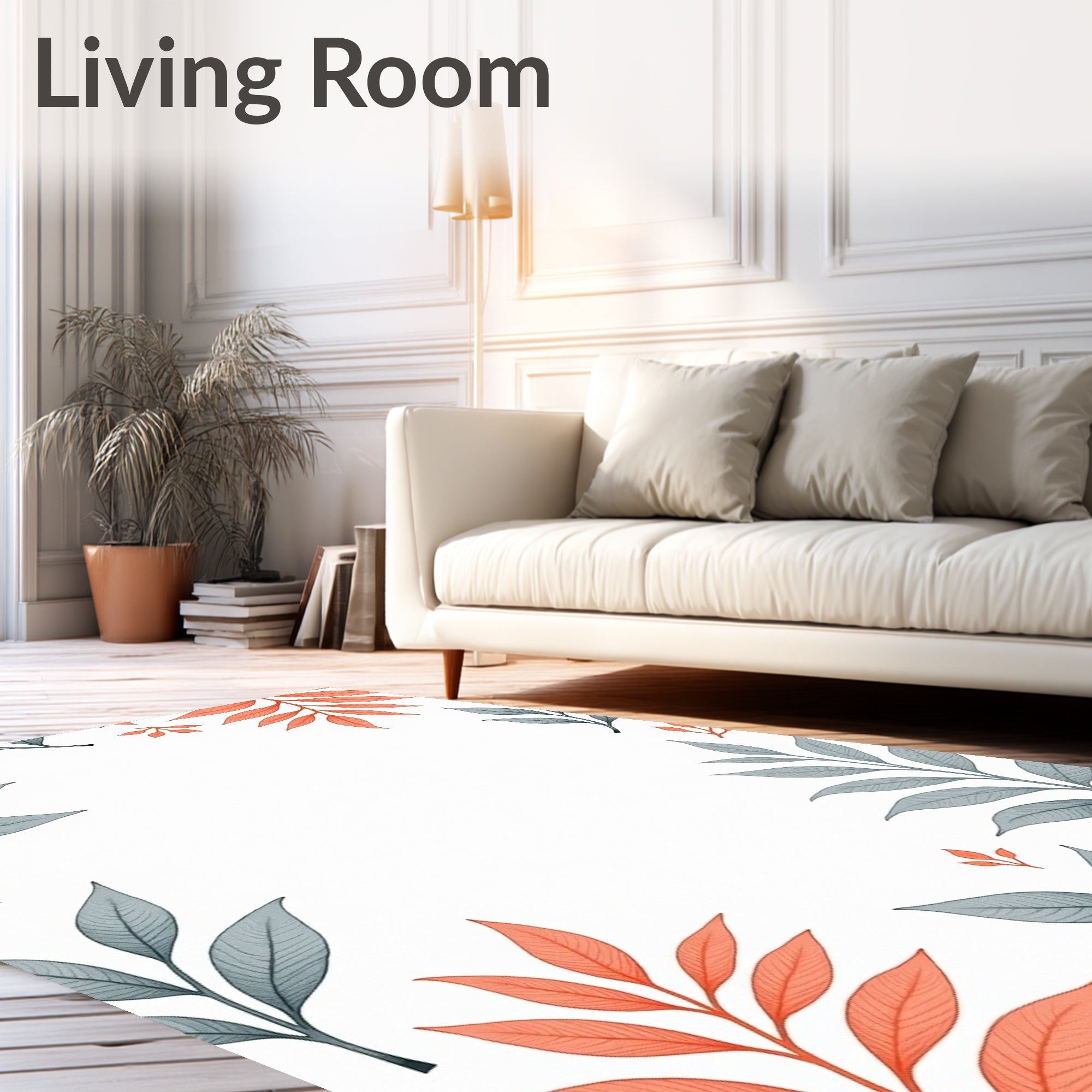 Coral And Grey Leaf Pattern Rug