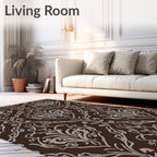 Brown Damask Floral Scroll Pattern Rug