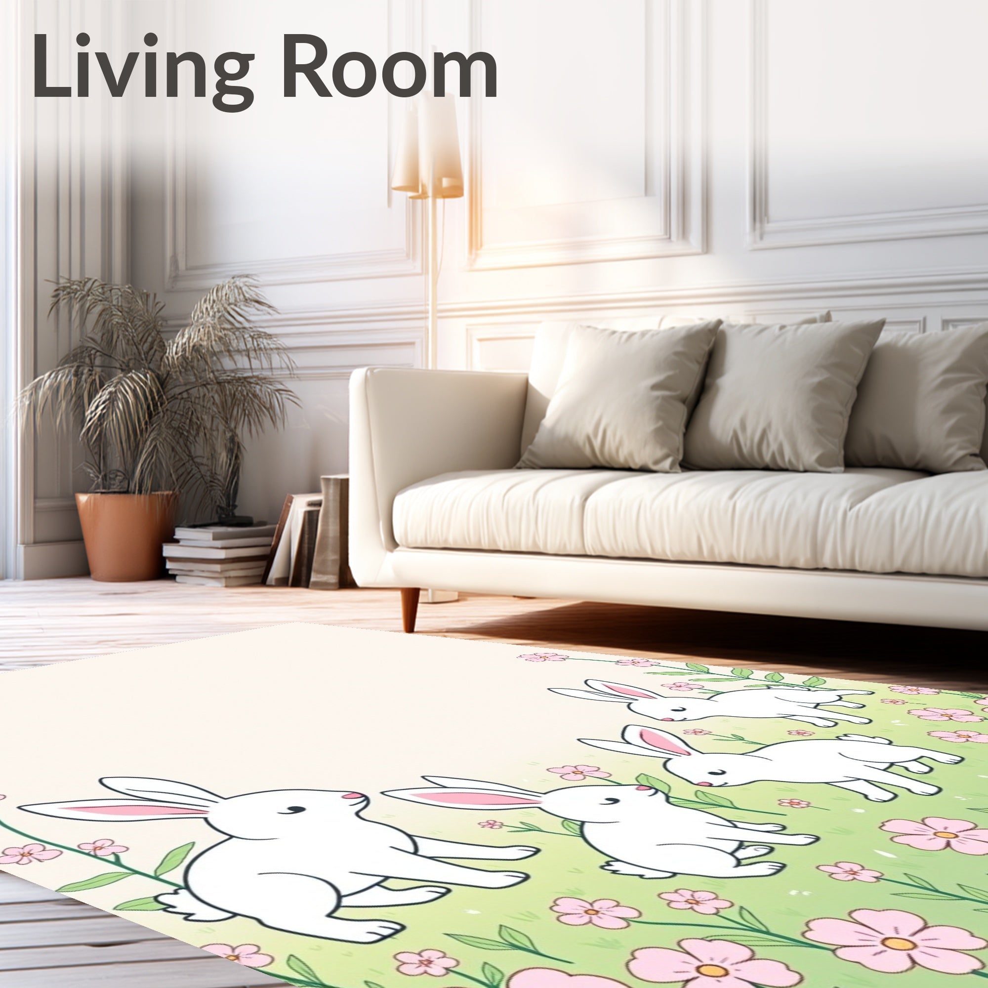 Cute Bunny And Flower Meadow Pattern Rug
