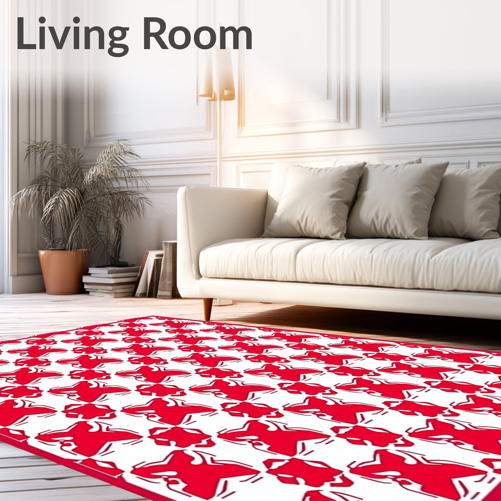 Bold Red White Interlocking Geometric Pattern Rug