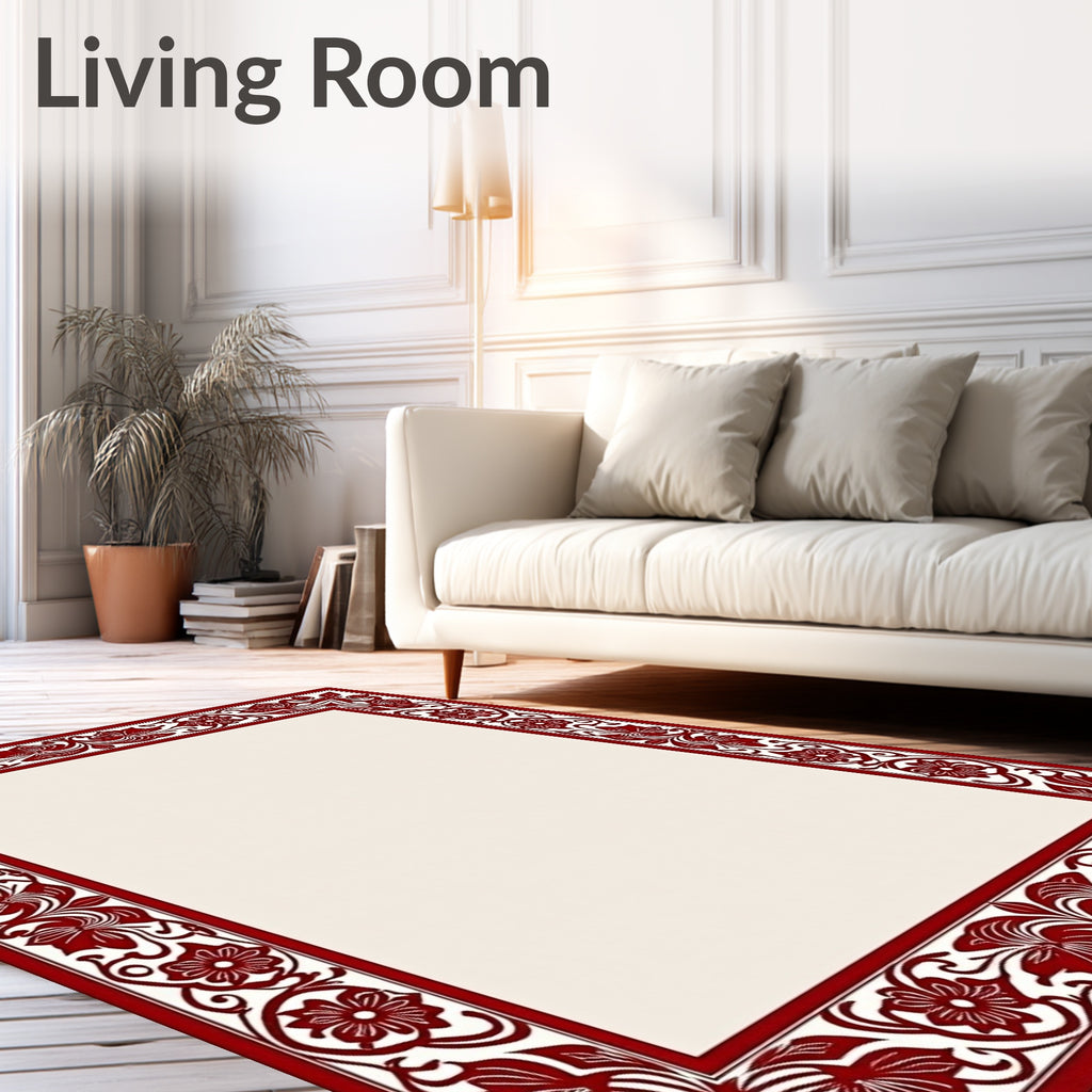 Damask Red Floral Border Rug