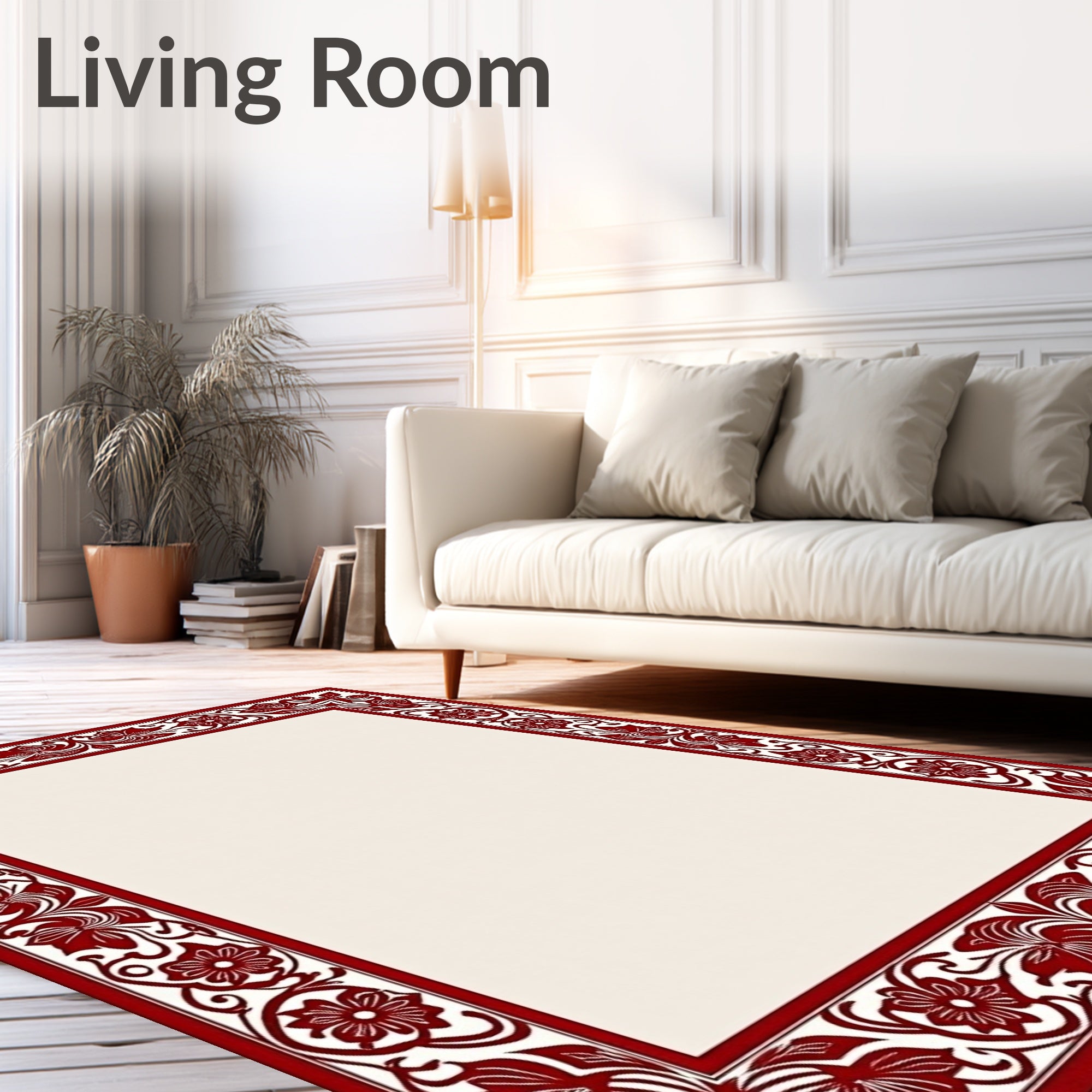 Damask Red Floral Border Rug