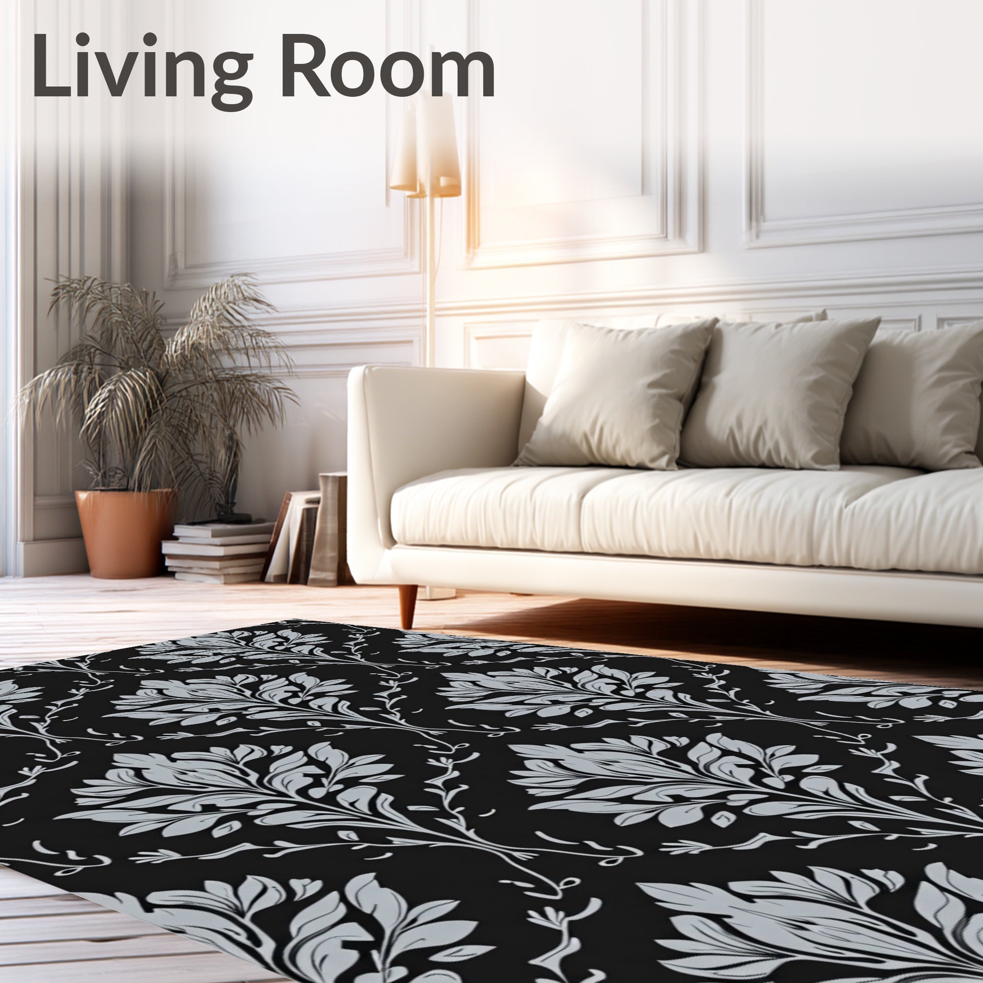 Damask Floral Patterned Grey Rug