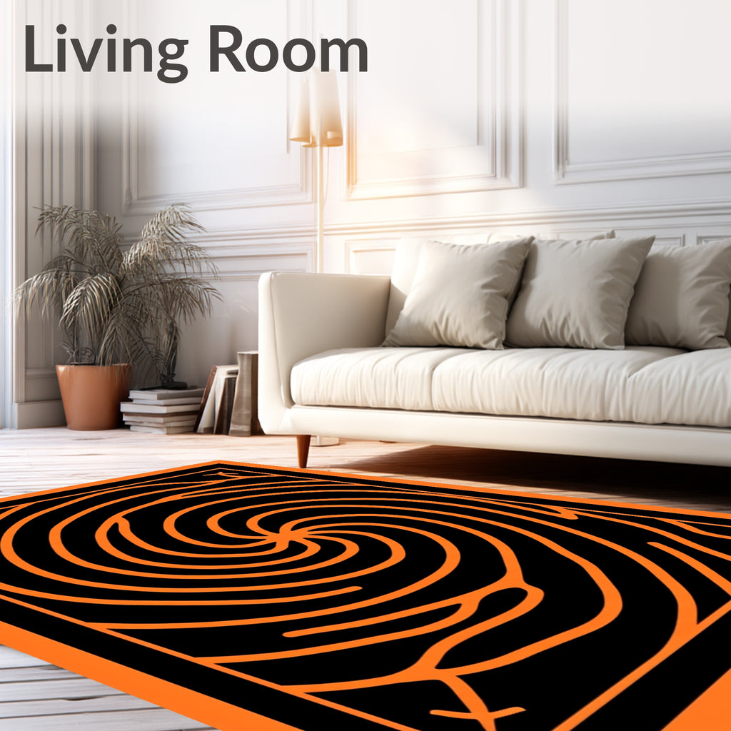 Abstract Swirl Pattern Orange Black Rug