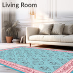 Aqua Damask Floral Border Rug