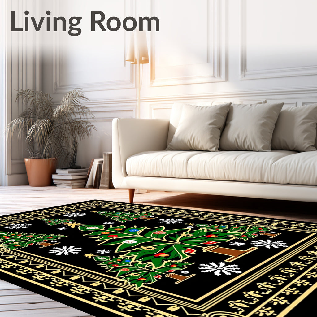 Festive Green Christmas Trees Snowflake Border Rug