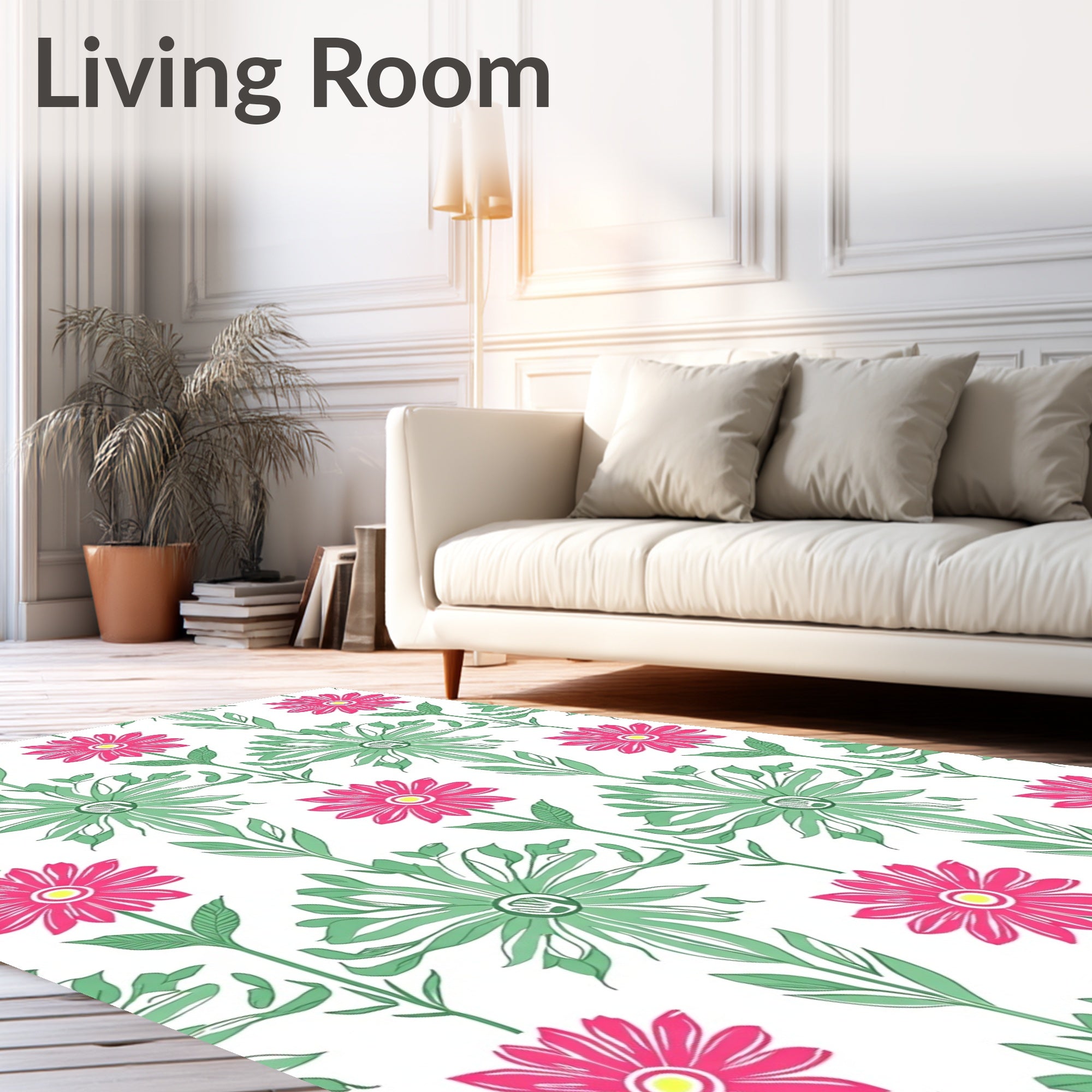Pink Green Floral Patterned Design Rug