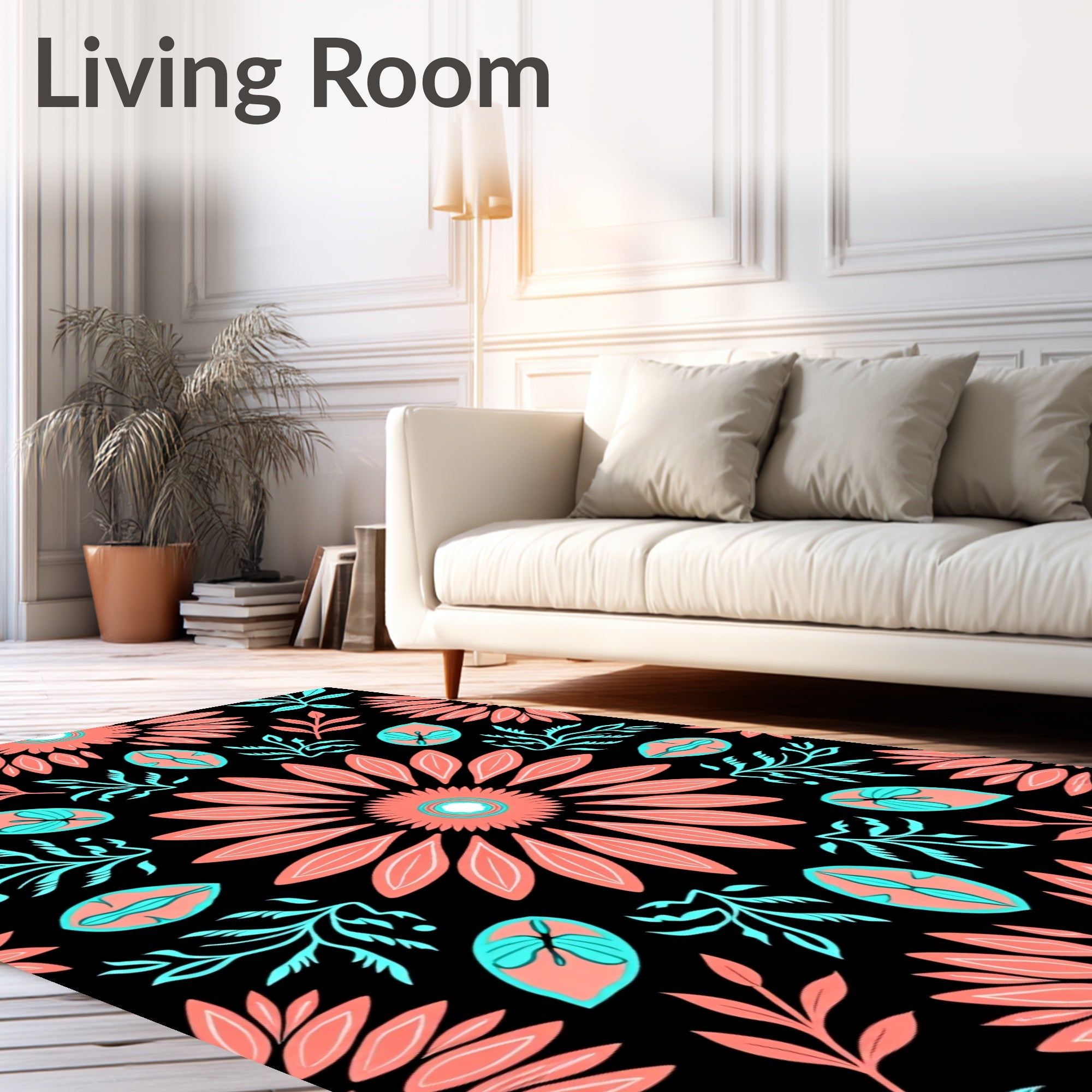 Coral Teal Floral Burst Pattern Rug