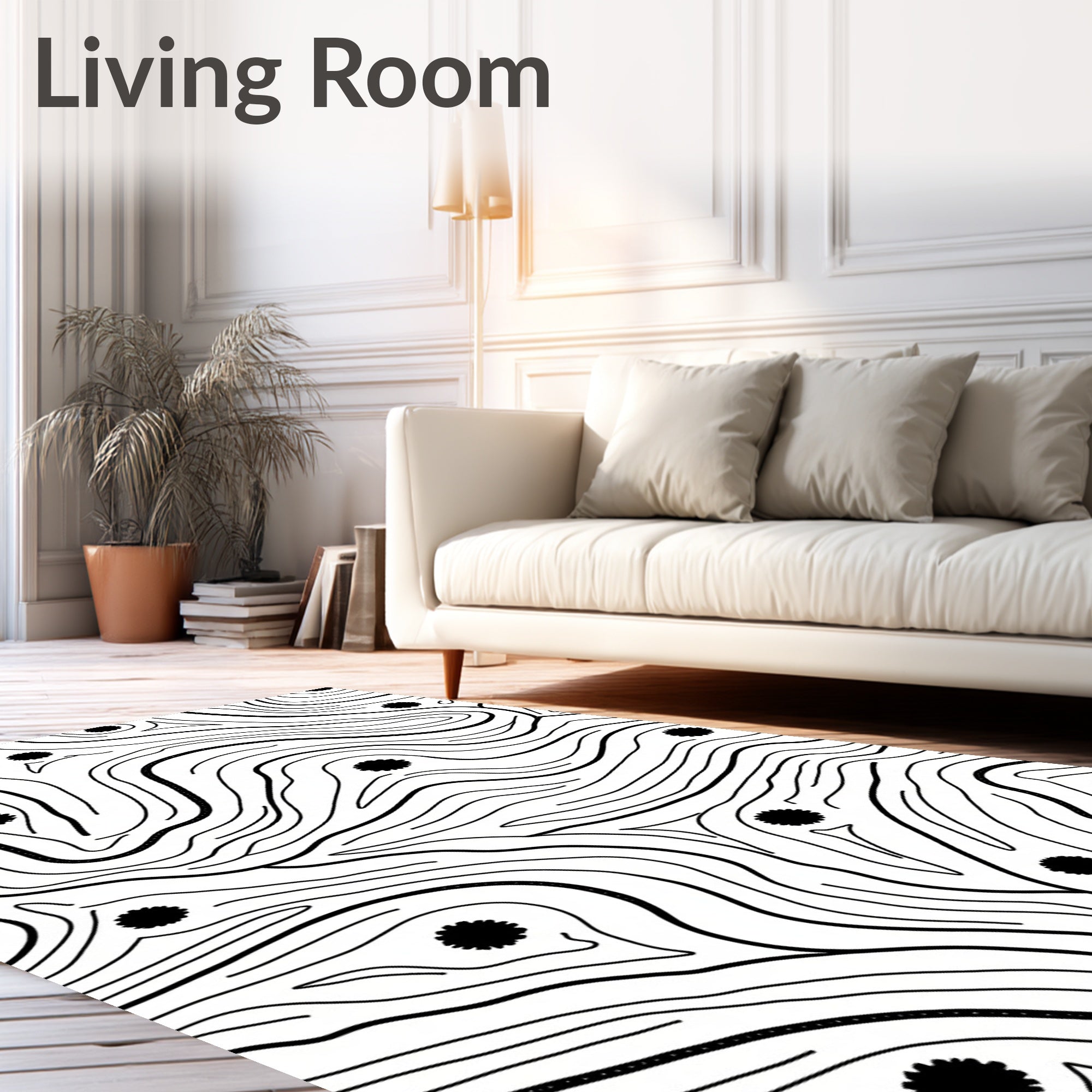 Abstract Black Lines Floral Pattern Rug