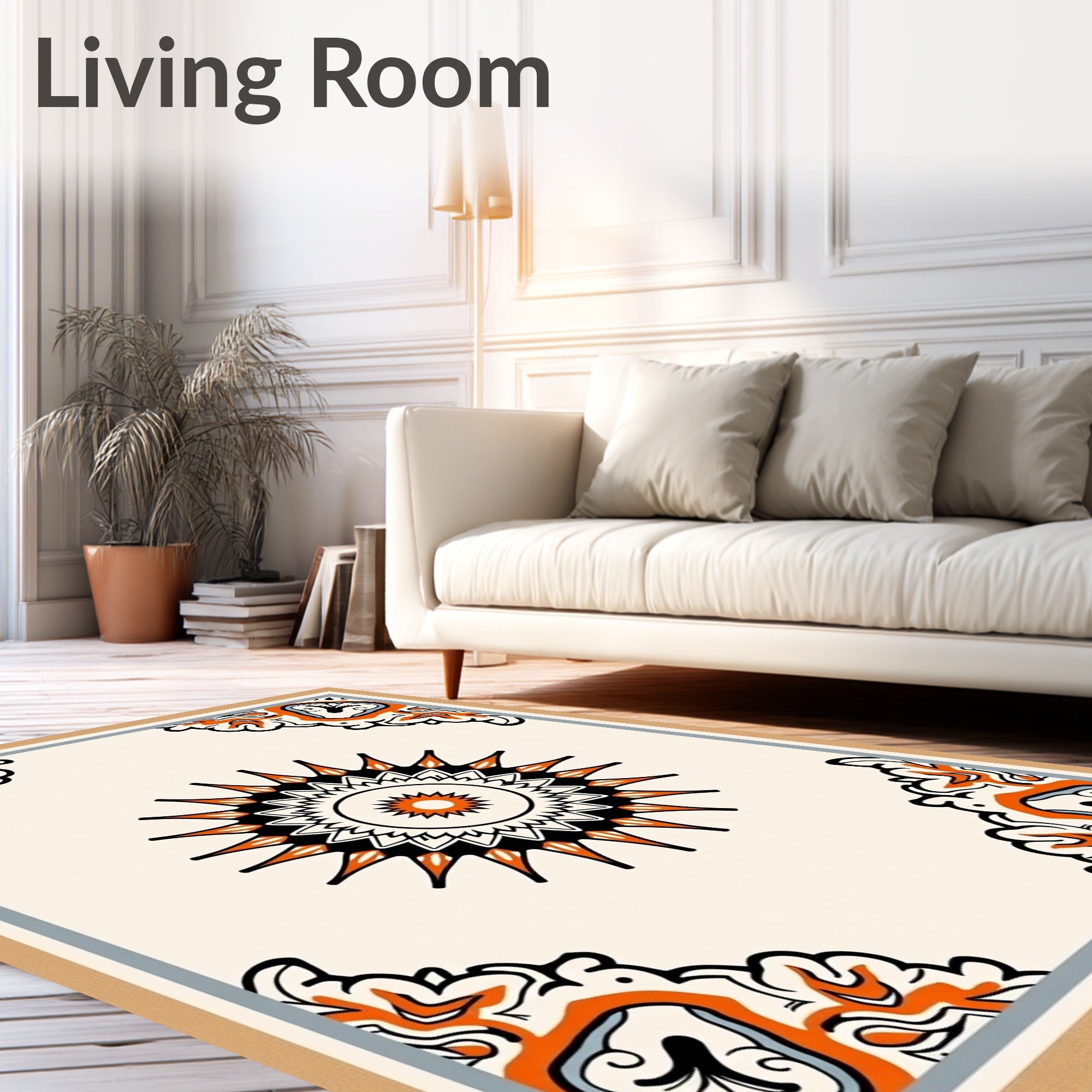 Orange Black Sunburst Mandala Tile Rug